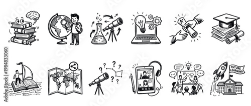 Hand-drawn education and science icon set in a black and white doodle style showing learning, discovery, graduation, and technology concepts for school and university
