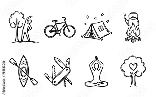 Collection of hand-drawn doodle icons representing outdoor activities and wellness, including camping, yoga, cycling, and kayaking in a simple black and white sketchy line art style