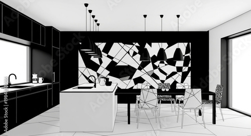 Modern Minimalist Kitchen Island With Barstools And Seating.