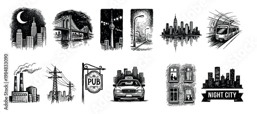 Collection of hand-drawn urban and industrial illustrations depicting various cityscapes, infrastructure, and nocturnal scenes with a classic, detailed sketch art style
