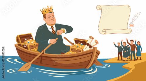 King in Rowboat with Treasure Heading to Waving People on Shore