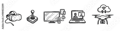 Collection of hand-drawn technology icons illustrates modern digital devices like VR headsets, joysticks, smart TVs, laptops, and drones with cloud connectivity, rendered in a playful doodle style
