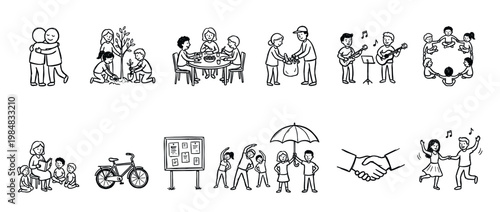 Set of hand-drawn community life icons showing people hugging, planting trees, eating together, sharing food, playing music, and dancing in a simple black and white line art style
