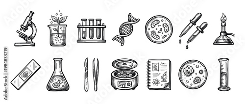 Set of hand-drawn science icons in a vintage sketch style depicts laboratory equipment for biology and chemistry research, including a microscope, DNA helix, and petri dish