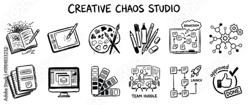Collection of hand-drawn creative process icons illustrating design, brainstorming, development, and project completion in a dynamic, artistic style