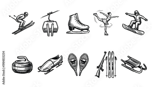 Various hand-drawn black and white winter sports equipment and activities are depicted in a classic sketch style, showcasing different athletic pursuits and gear with simple line art