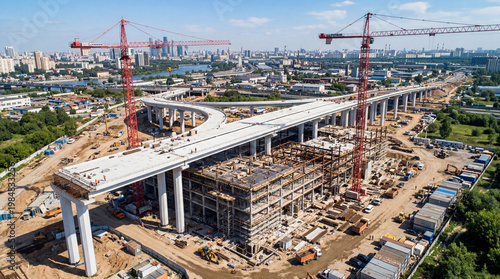 Construction workers build elevated highway with cranes in cityscape landscape