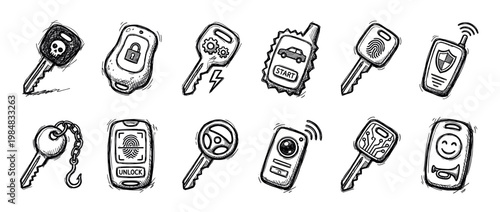 Twelve hand-drawn car keys and remote fobs are depicted in a charming doodle style, showcasing various security and automotive symbols with a playful, sketchy black and white illustration