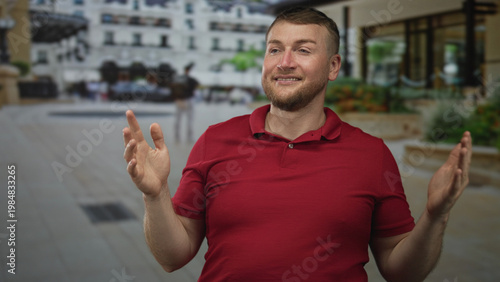 Schilderij op canvas Man hands raised smiling in street plaza wearing red polo, palms visible, beard and closed eyes; contentment ease