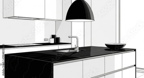 Modern minimal kitchen island with sink faucet lamp.