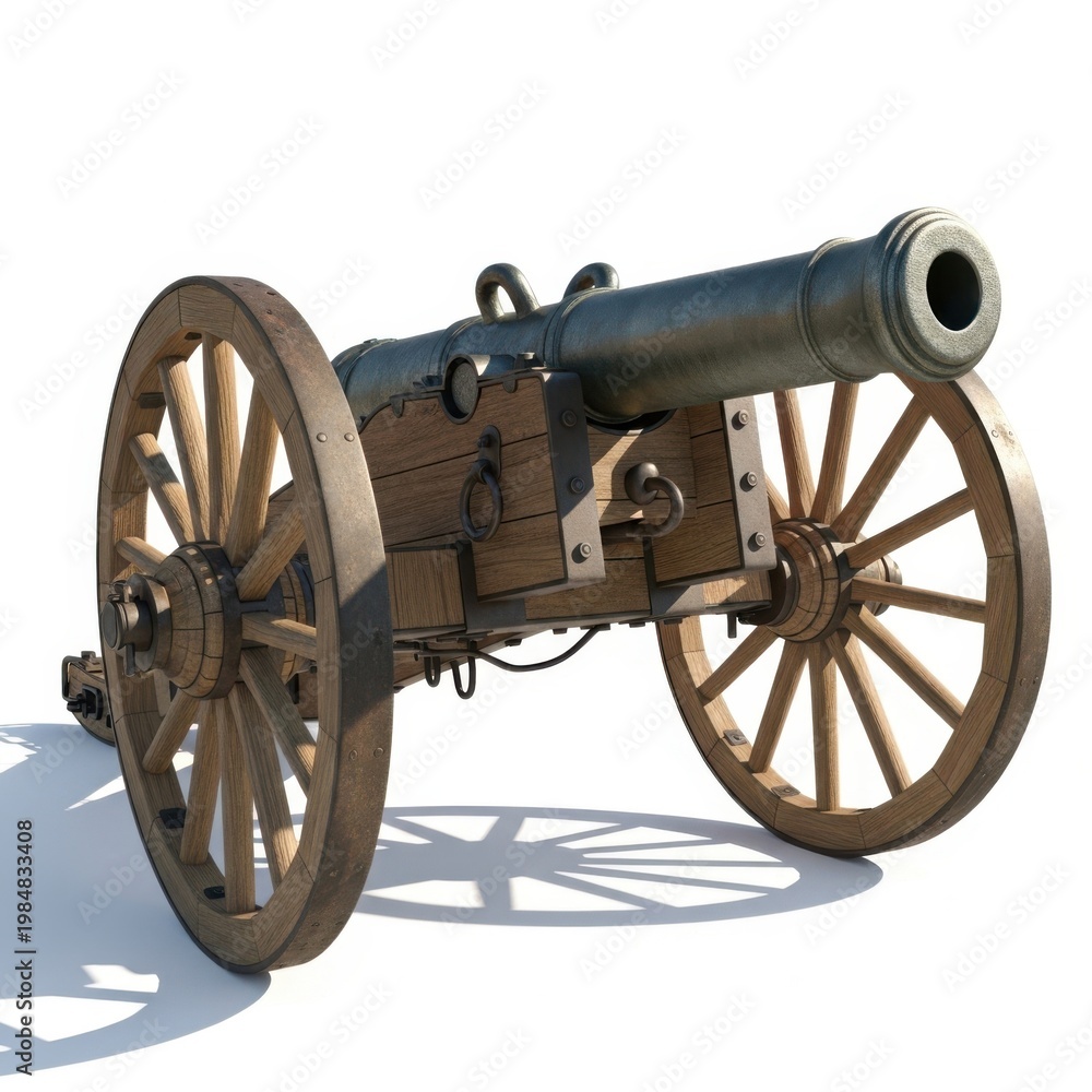 Fototapeta premium Historic cannon mounted on large wooden carriage wheels under sunlight