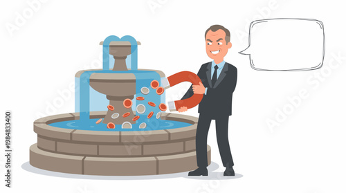 Businessman Uses Magnet to Attract Coins from Water Fountain with Empty Speech Bubble