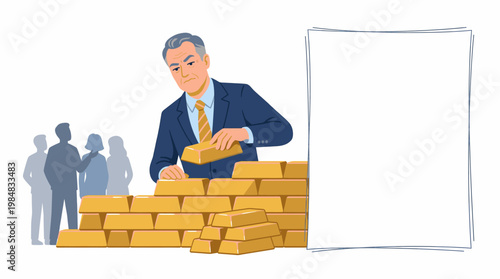Wealthy Businessman Hoards Gold Bars Ignoring Concerned Crowd Behind Him