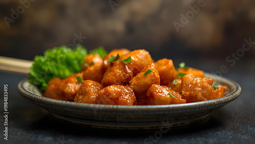 Delicious Orange Chicken Bites with Parsley Garnish in Rustic Bowl