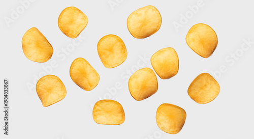 top view potato chips scattered isolated on white background