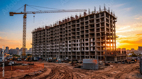 Construction workers build high-rise building with crane at sunset cityscape