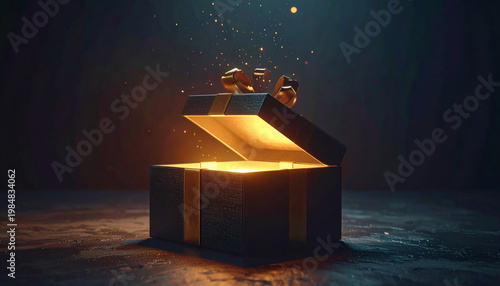 Mysterious gift box with glowing light spilling out, creating an atmosphere of anticipation and surprise