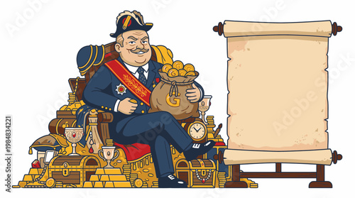 Wealthy Cartoon Man Sitting on Treasure with Money Bag and Blank Scroll