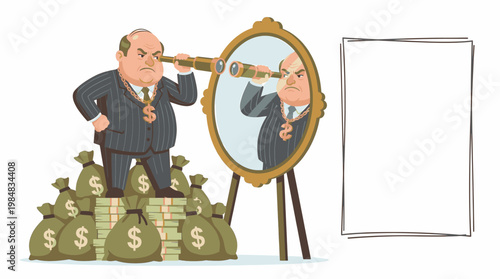 Wealthy Businessman Gazes into Mirror with Spyglass Surrounded by Money