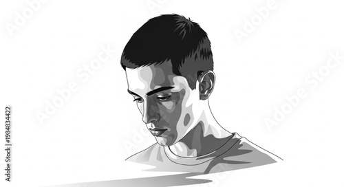 Monochrome Stylized Portrait Of Young Male Head.
