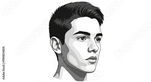Monochrome Side Portrait of Young Man Head.