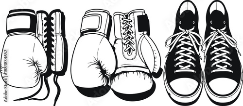 Boxing gloves and athletic shoes in a classic engraving style with clean lines