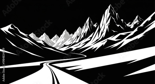 Monochrome mountain road leading toward jagged alpine peaks.