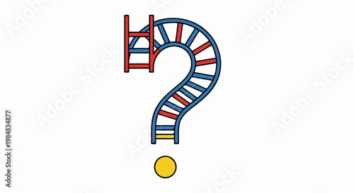 A colorful vector graphic of a question mark made from a winding staircase with a red ladder and a yellow ball at the bottom.