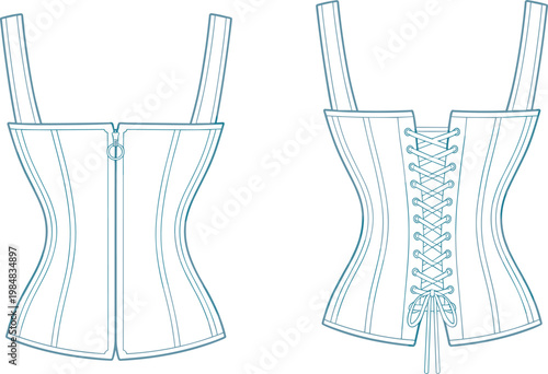 Corset top technical fashion illustration featuring front zipper closure and back lace up detail structured bodice straps apparel flat sketch vector template