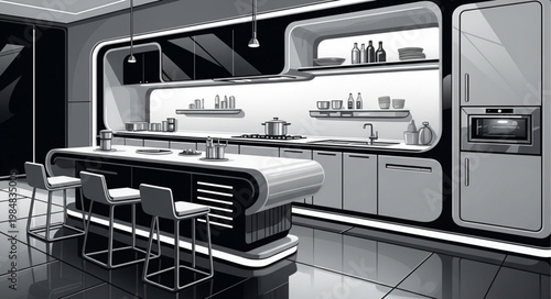 Monochrome Modern Kitchen Island With Barstools And Appliances.