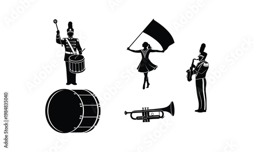 Marching band vector silhouette illustration drummer saxophonist flag dancer trumpet.