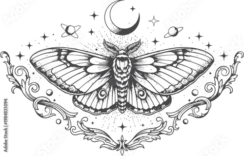 Celestial moth with ornate filigree and cosmic elements in a detailed engraving style