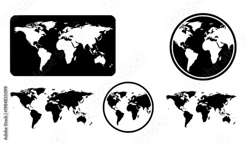 World map and globe icon set in gray flat vector style for web infographic and presentation isolated on white