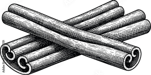 Cinnamon sticks in a crossed arrangement with detailed engraving texture for culinary or decorative concepts
