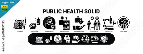 public health solid icons including vaccination, hand hygiene, mask protection, temperature check, social distancing, laboratory testing, and global health awareness. glyph icon set