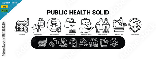 public health solid icons including vaccination, hand hygiene, mask protection, temperature check, social distancing, laboratory testing, and global health awareness. outline icon set.
