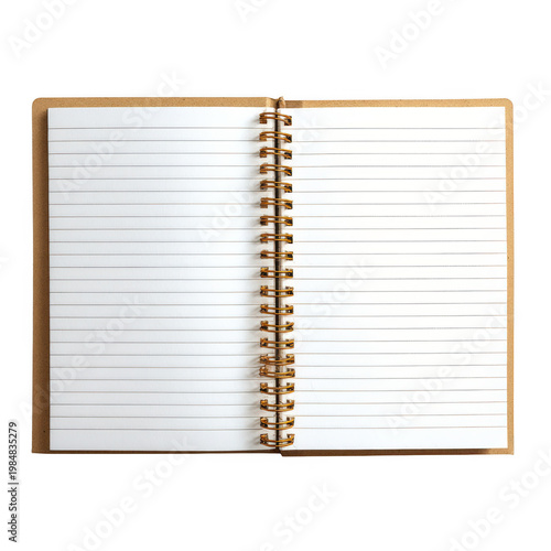 Open spiral bound notebook with blank lined pages isolated on transparent background