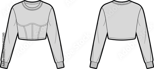 Cropped sweatshirt technical fashion illustration featuring front and back views long sleeves ribbed cuffs structured bust seam detail casual apparel flat sketch vector template