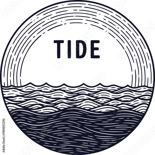Circular emblem with stylized wavy ocean water and the word TIDE in a minimalist line art style