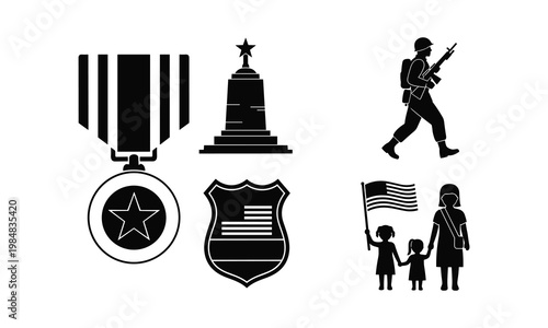 Military medal award with family silhouette and monument icon set for patriotic celebration.