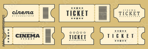 Ticket Template Set Featuring Concert Movie Theater Boarding Pass Lottery Coupon Designs with Ruffle Edges Vintage Admit One Style and Modern Travel Festival Vector Mockups