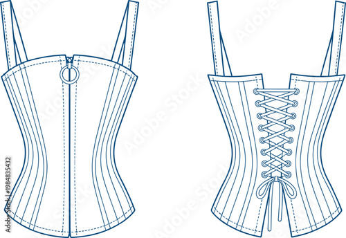 Detailed corset technical fashion illustration featuring front zipper with ring pull and back lace up closure structured bodice straps flat sketch vector template