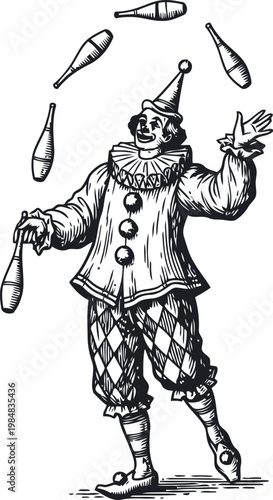 Circus performer in vintage costume juggling pins during a performance with a dramatic hatched shading style