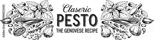 Classic Pesto Genovese Recipe Ingredients Border with Basil and Garlic