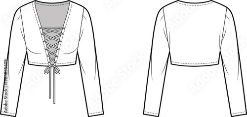 Lace up long sleeve crop top technical fashion illustration featuring front and back views deep neckline tie detail apparel flat sketch vector template
