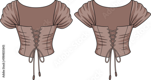 Puff sleeve lace up corset top fashion illustration featuring front and back views ruched short sleeves fitted bodice tie detail apparel vector