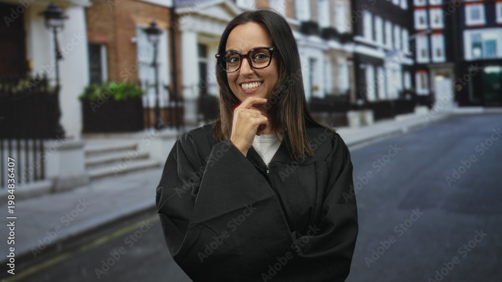 Fototapeta premium Woman judge in black robe wearing glasses, smiling with hand to chin and crossed arm pose on a quiet street lined with townhouses; thoughtful confidence.