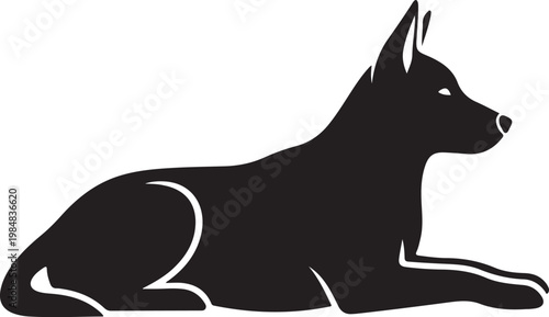 Alert Resting Dog Silhouette, Calm Guarding Canine in Watchful Pose Minimal Monochrome Vector Illustration