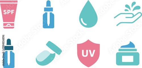 Minimalist Skincare Icon Set with SPF Sunscreen, Serum Dropper, UV Protection Shield, and Moisturizer Icons for Beauty Infographics