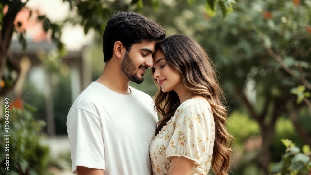 Fototapeta premium Young couple embracing and smiling together in leafy garden